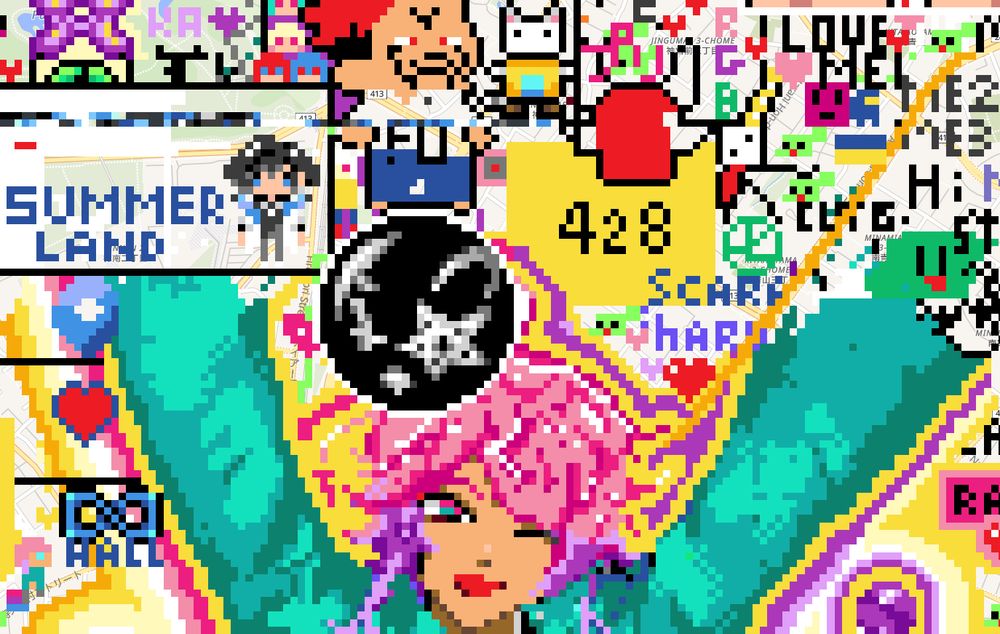 a pixel art zoom on wplace of a pixel art pin from the world ends with you, a black cat with a white st peter's cross and reversed pentagram for eyes