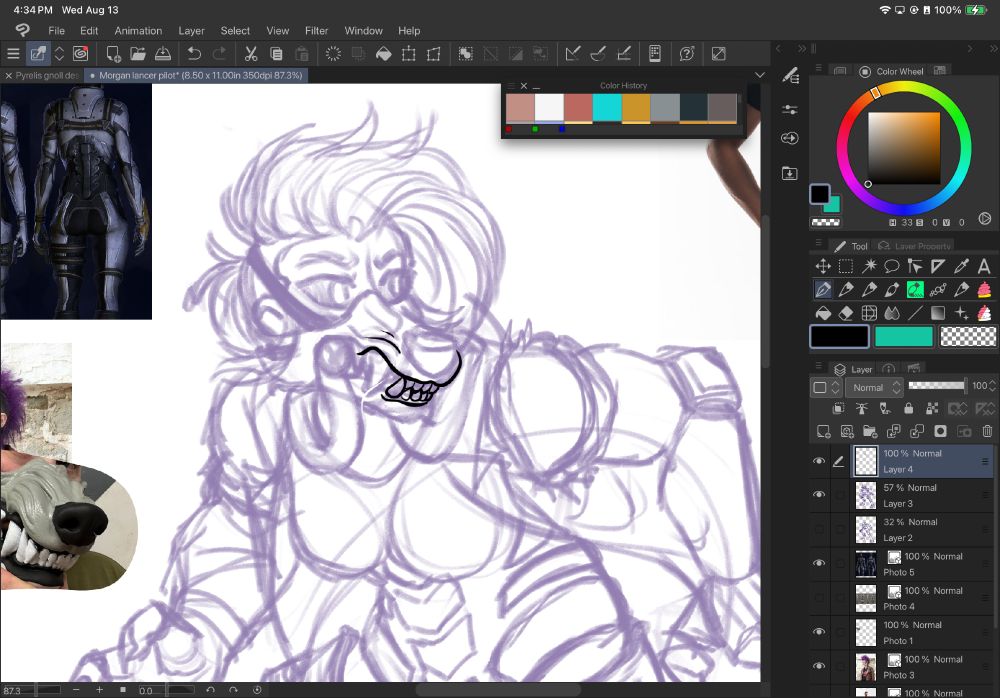 work in progress sketch of a punk woman wearing a wolf muzzle shaped respirator.