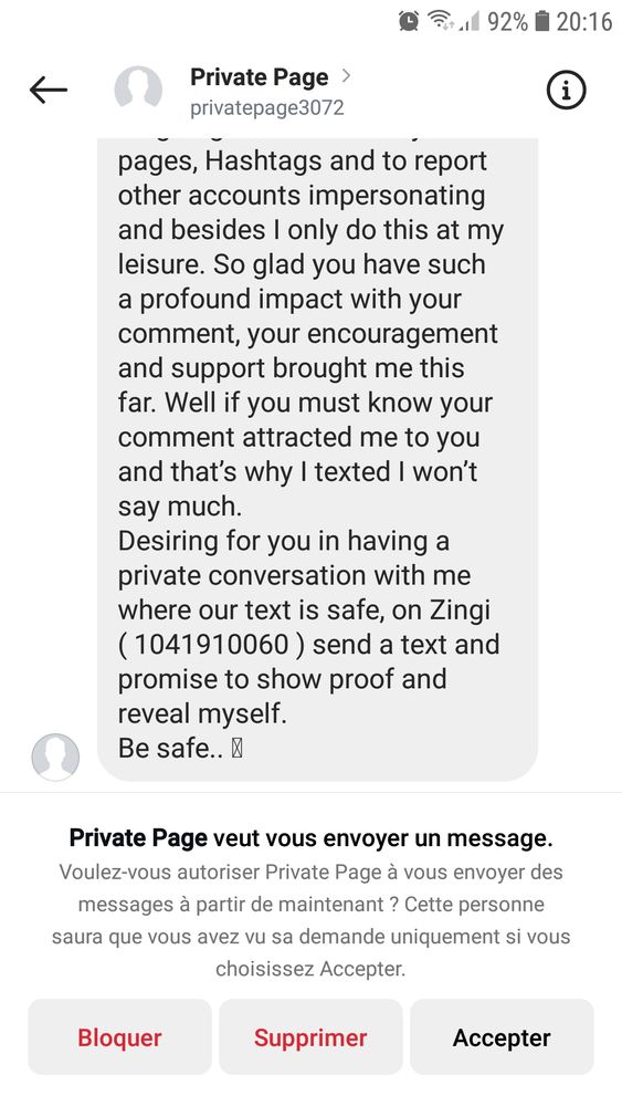 Message privé d'une page se faisant passer pour Lewis Hamilton me proposant de parler avec lui en passant par message sans doute surtaxé sinon pire