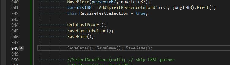 A screenshot of C# code for a Spirit Island test case.  There's some code to set up a board position, followed by a call to save the game.

Then at the cursor position, Visual Studio's Intellisense suggests to save the game three more times (which would have no effect).