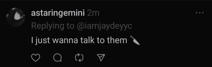 "I just wanna talk to them" followed by a knife emoji, a recent post