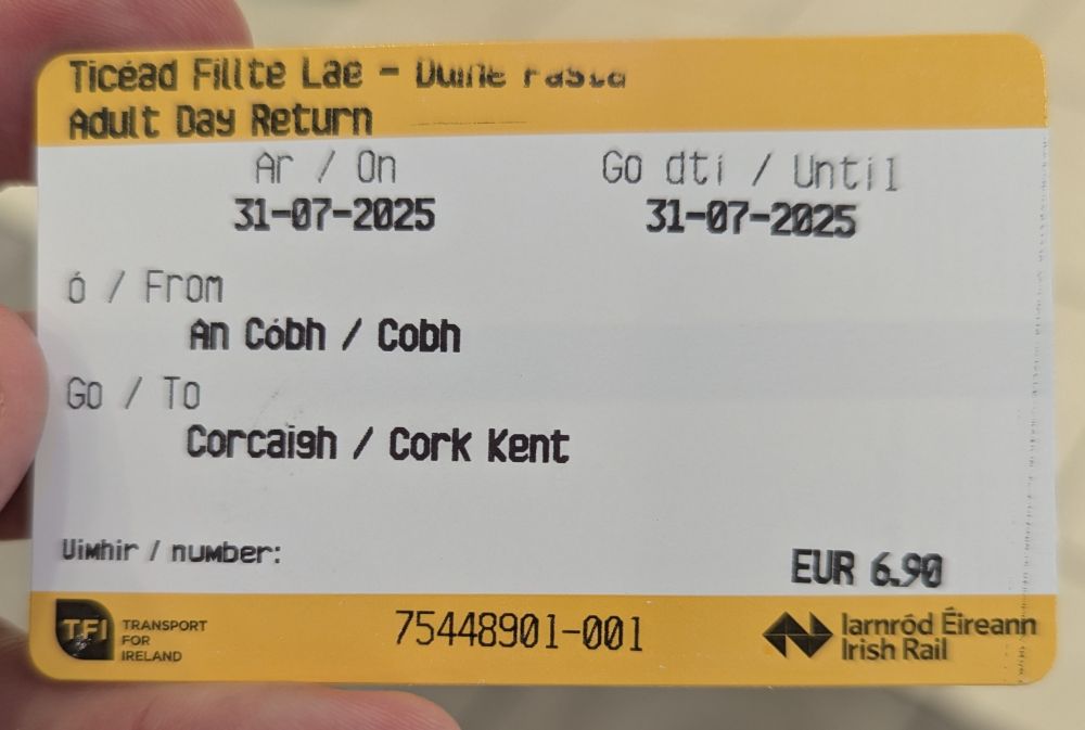 Image of a Iarnród Éireann train ticket from Cobh to Cork