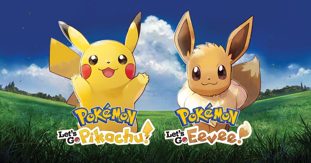 Art for the games Let's Go Pikachu and Let's Go Eevee. The words Pikachu and Eevee look like the Pokémon they are based on. Pikachu is behind Let's Go Pikachu and is a electric yellow mouse with a lightening bolt tail,  long pointy ears, red cheeks, and a cute little smile on it's face. Eevee looks like a brown fox, has a very puffy mane and tail, and long diamond shaped ears. The background is a grassy field and a cloudy and blue sky.