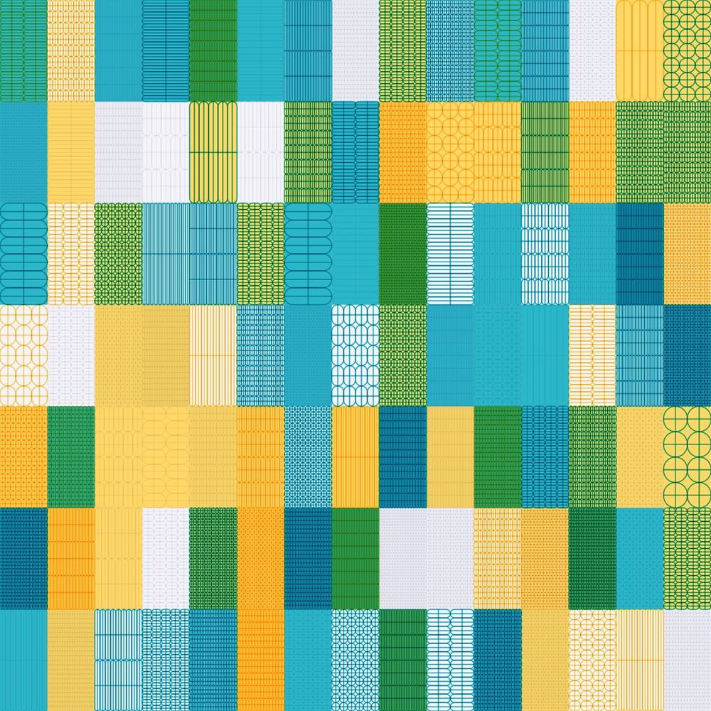 Quilt-like dense pattern of textured rectangles in blue, orange, and green