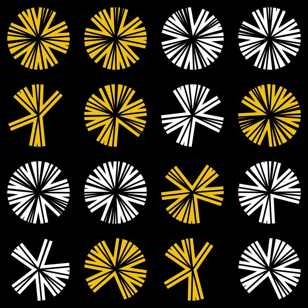 Series of dandelion-like circular shapes in white and yellow on black