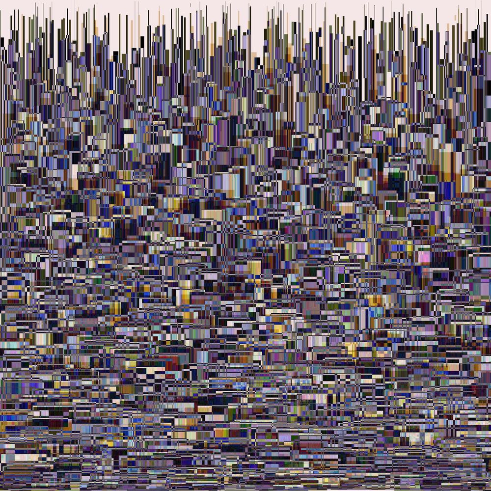 A dense image of generated, colorful lines, filled from top to bottom. The image resembled a dense city skyline with a light pink sky.