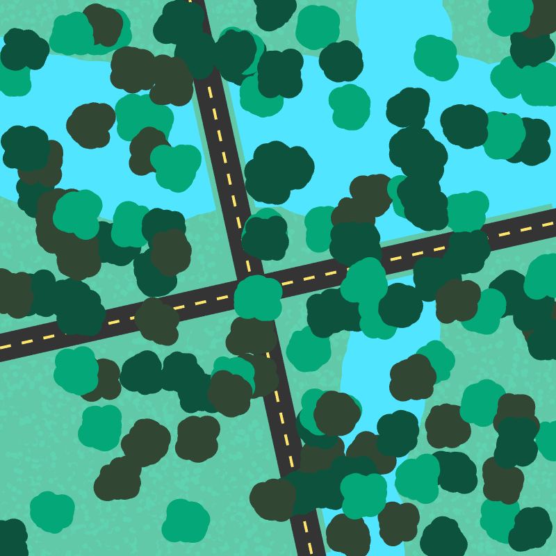 cartoon-like top-down illustration of intersecting roads on a green ground surrounded by trees and intersecting rivers