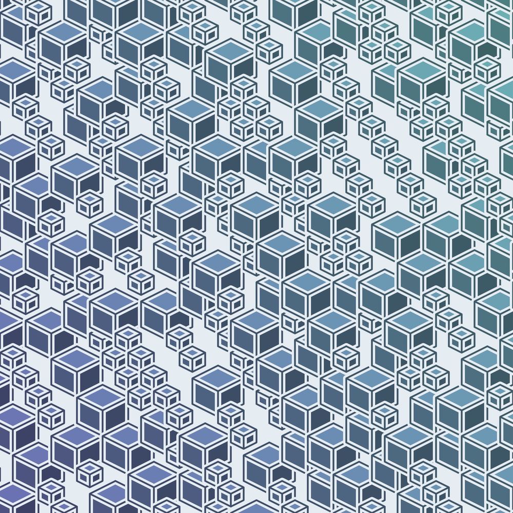 Abstract pattern of overlapping isometric cubes in large and small sizes. Blue colors.