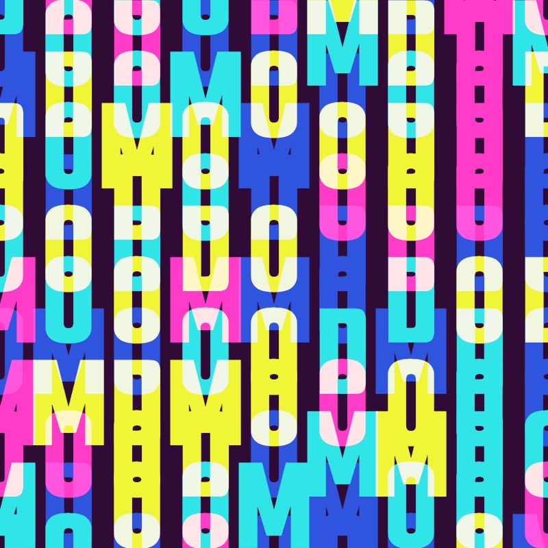 Colorful letters spell DOOM or MOOD in overlapping yellow, pink, and light and dark blue
