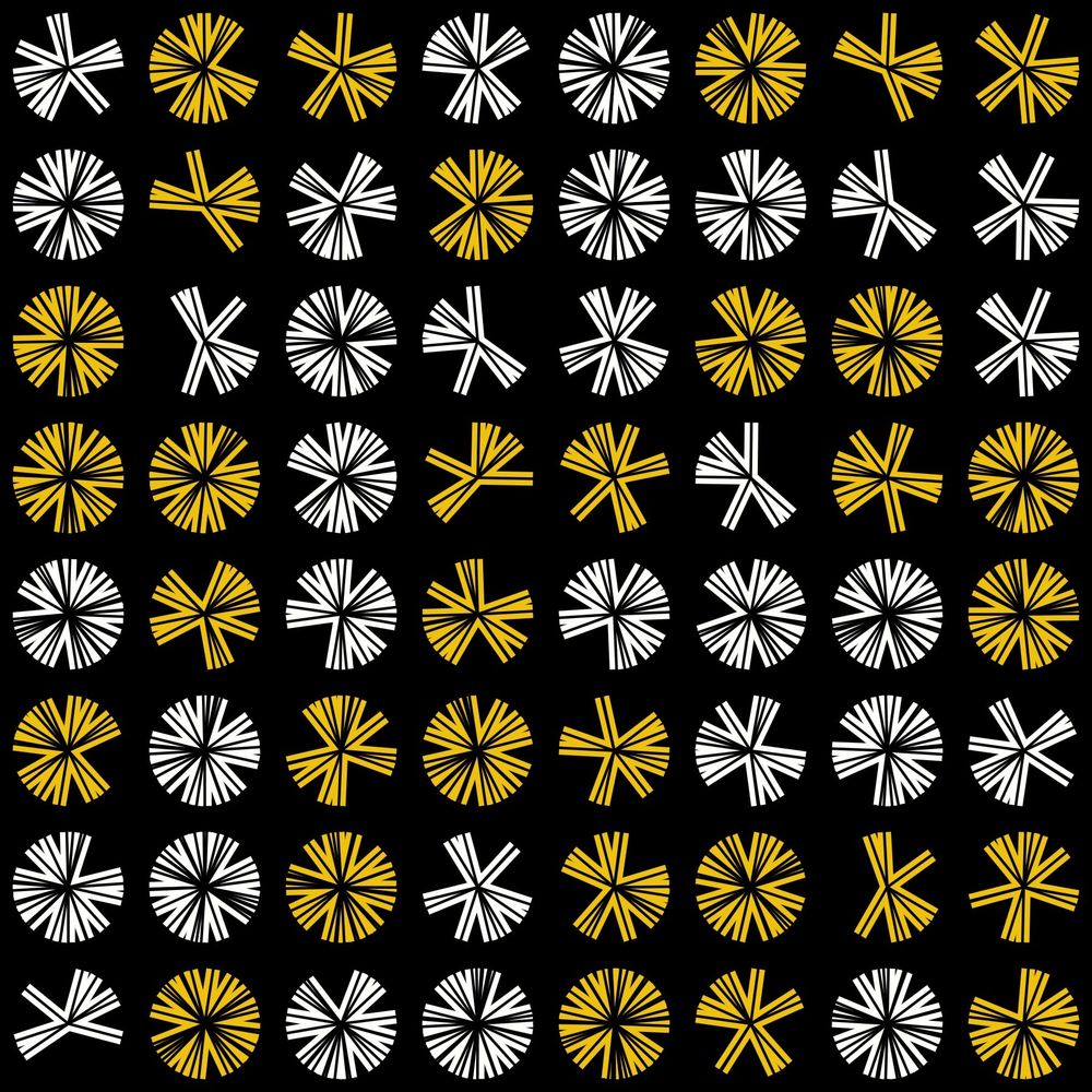 Series of dandelion-like circular shapes in white and yellow on black