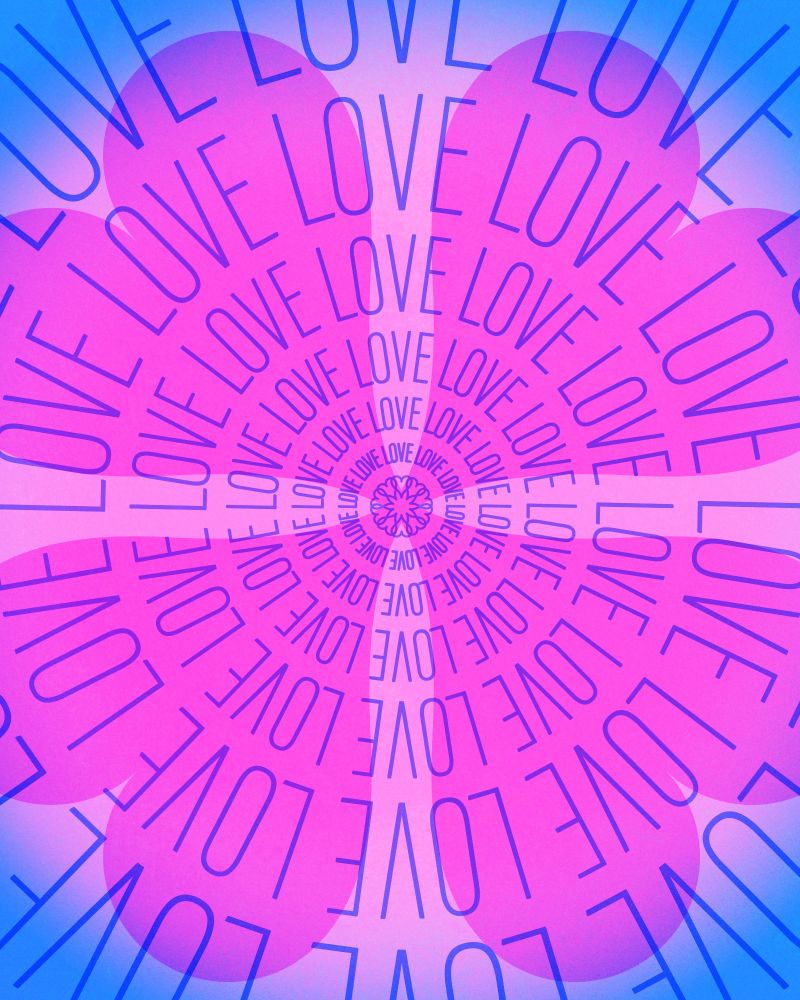 The word love over and over and over in radiating circles on a symmetrical four-heart background in blue and pink; graphic design poster