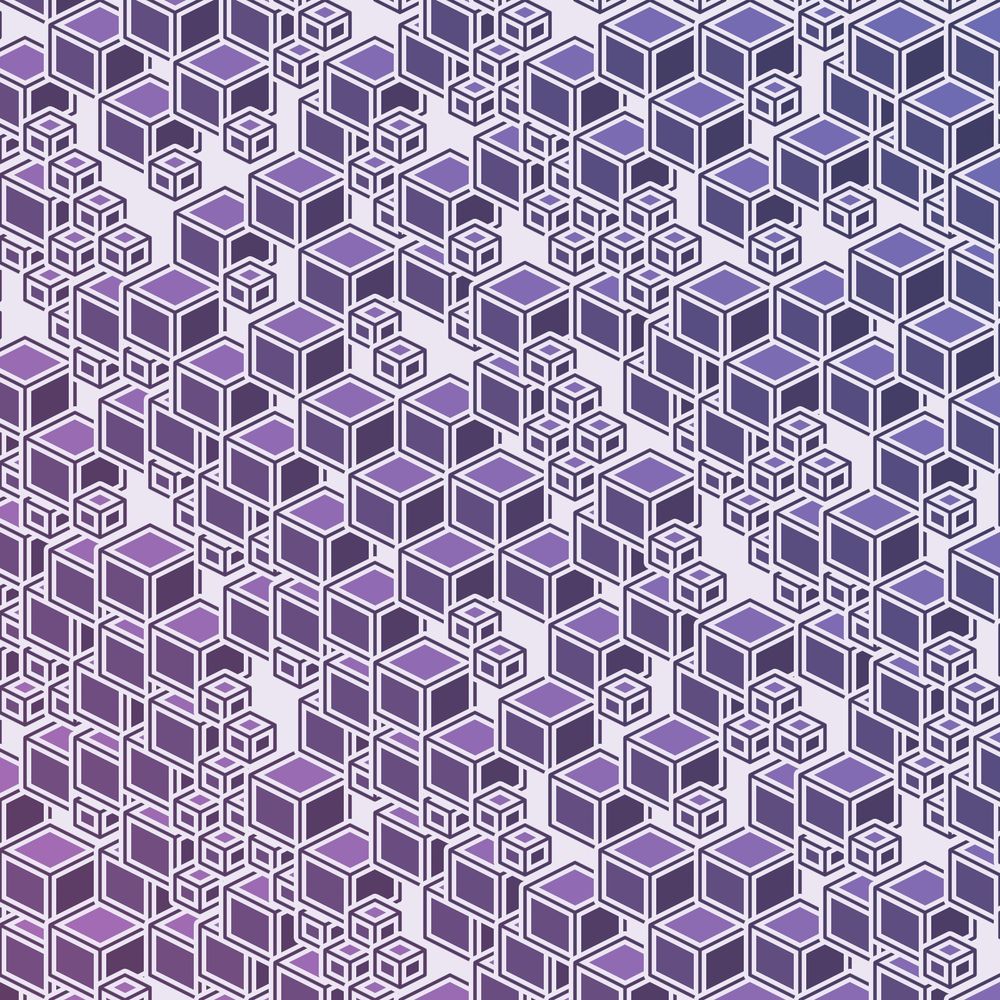 Abstract pattern of overlapping isometric cubes in large and small sizes. Purple colors.
