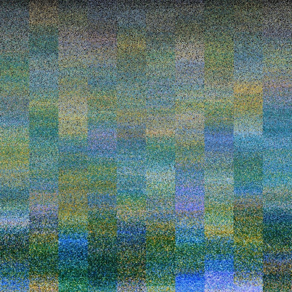 10 columns of tightly packed overlapping dots, in a color palette and style resembling a pointillist painting by Georges Seurat