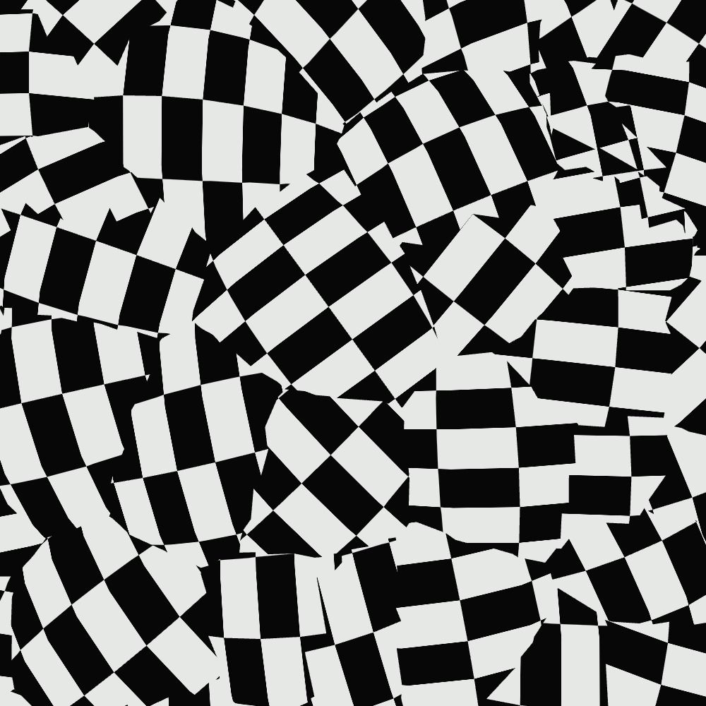 Geometric composition of mixed-up black and white checkerboard patterns slightly shifted forward and back in space