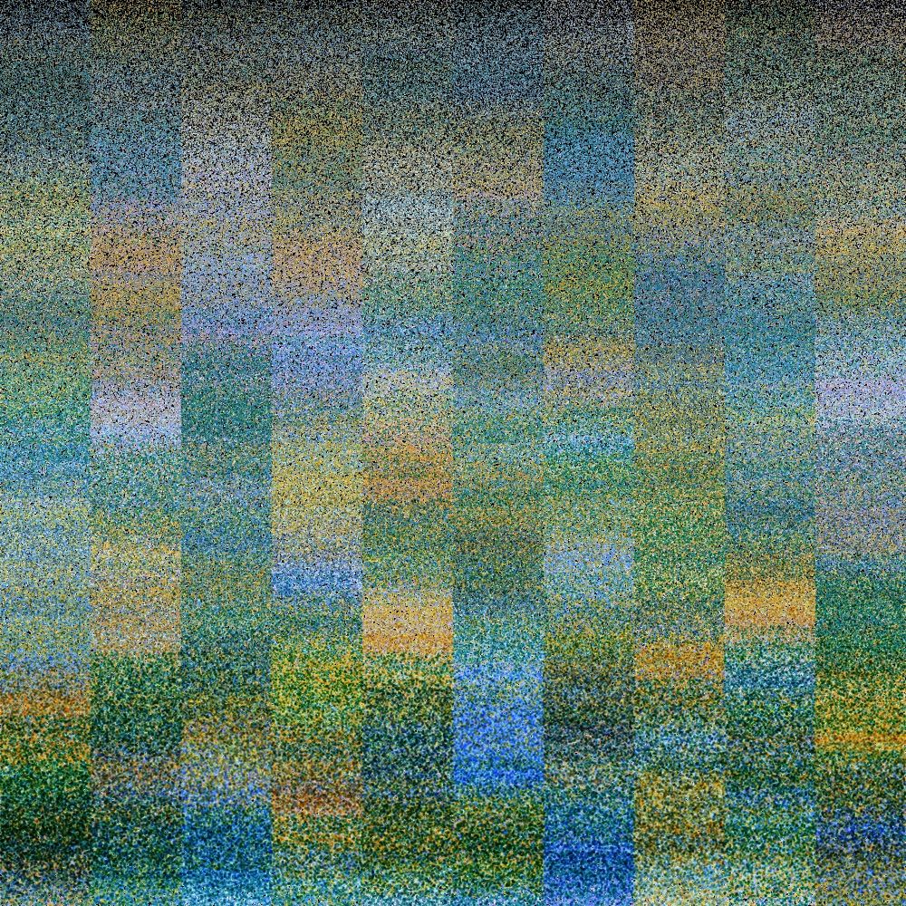 10 columns of tightly packed overlapping dots, in a color palette and style resembling a pointillist painting by Georges Seurat