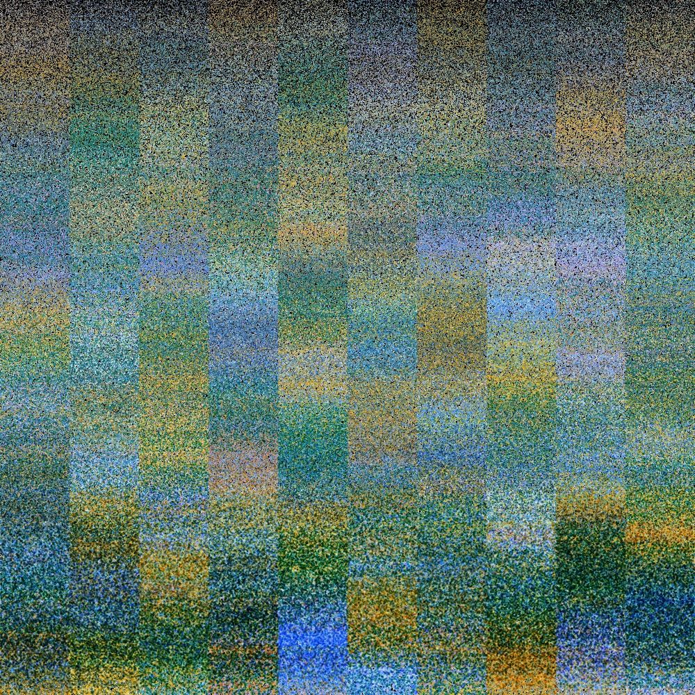 10 columns of tightly packed overlapping dots, in a color palette and style resembling a pointillist painting by Georges Seurat