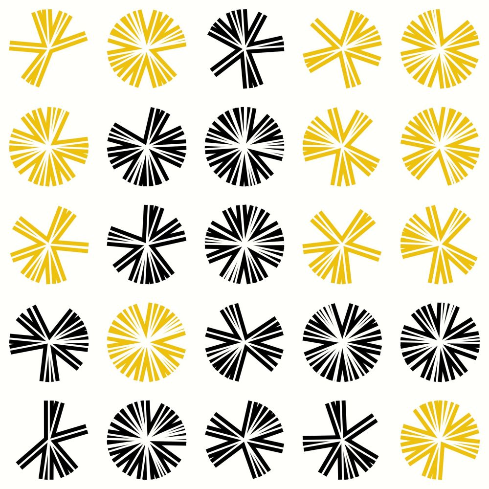 Series of dandelion-like circular shapes in black and yellow on white