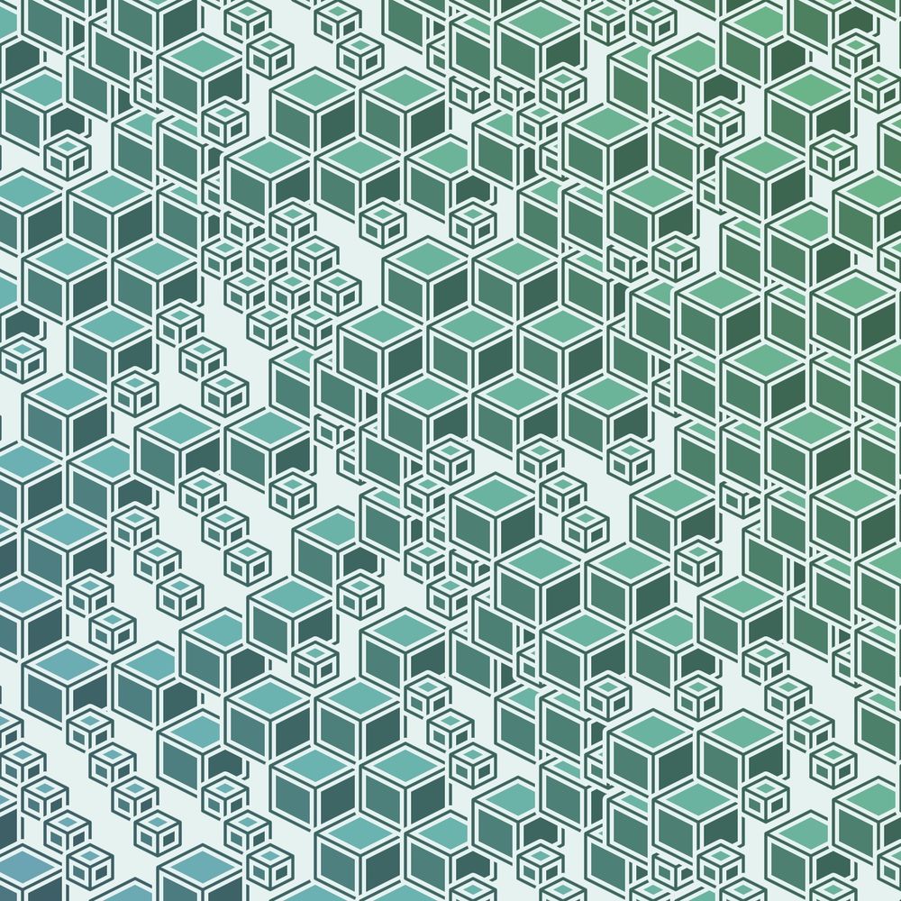 Abstract pattern of overlapping isometric cubes in large and small sizes. Green colors.