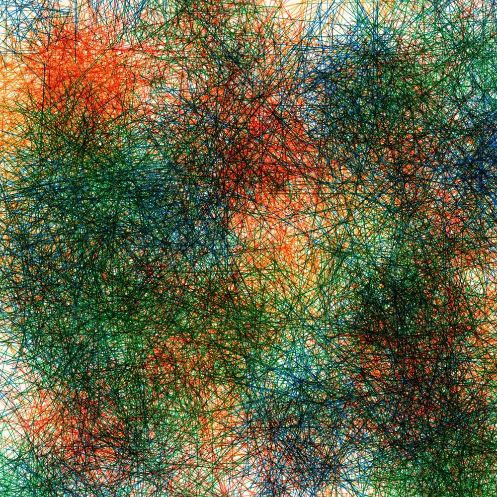 dense nest of overlapping lines in green, blue, red, and orange