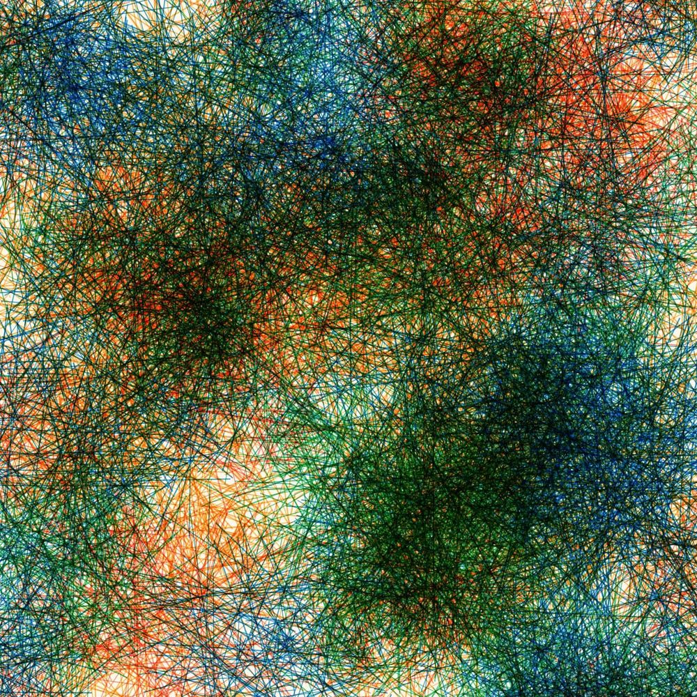 dense nest of overlapping lines in green, blue, red, and orange