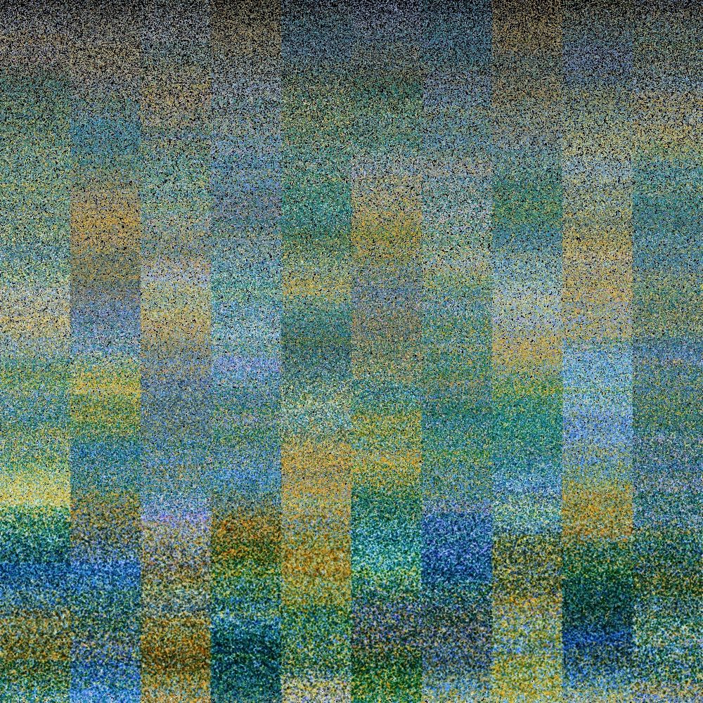 10 columns of tightly packed overlapping dots, in a color palette and style resembling a pointillist painting by Georges Seurat