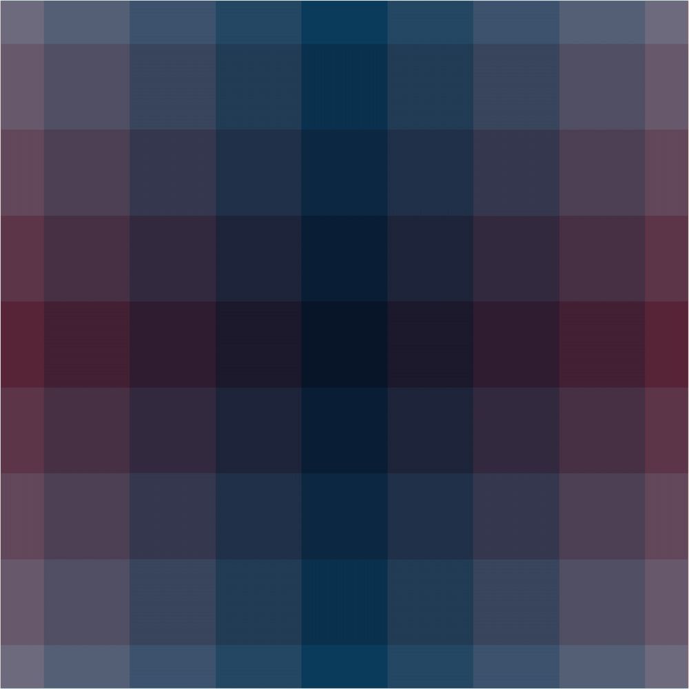 Dense plaid-like pattern of reds, blues, and purples