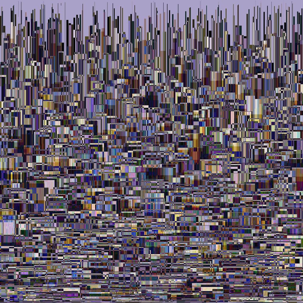 A dense image of generated, colorful lines, filled from top to bottom. The image resembled a dense city skyline with a purple evening sky.