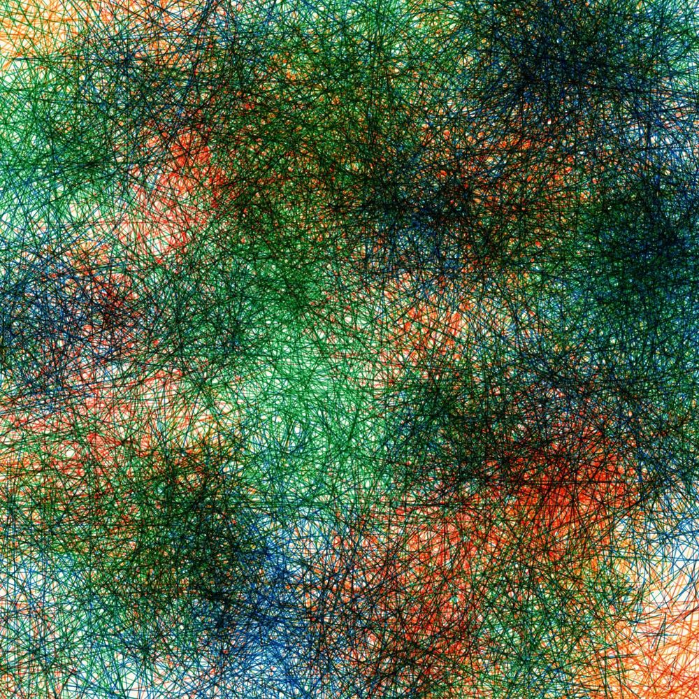 dense nest of overlapping lines in green, blue, red, and orange