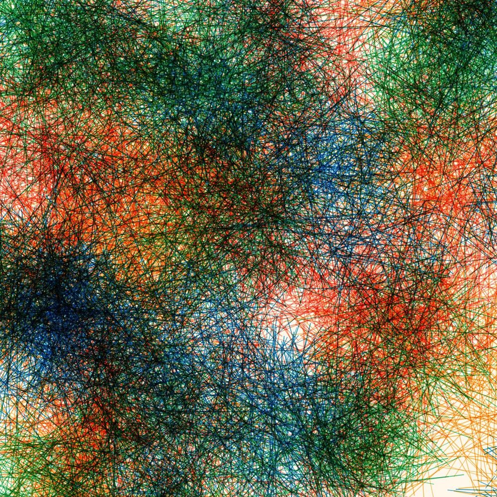 dense nest of overlapping lines in green, blue, red, and orange