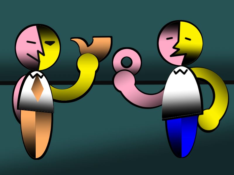 2 pink-and-yellow cartoon dads made of simple shapes with a lot of gradients. one holds a pipe while the other holds a donut.
