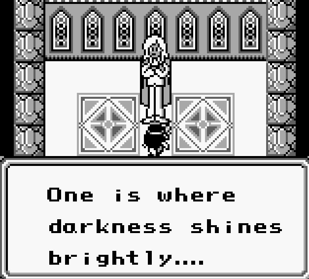 character 3 times taller than the player: "One is where darkness shines brightly..."