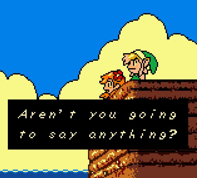 Marin and Link looking out over a cliff. "Aren't you going to say anything?"
