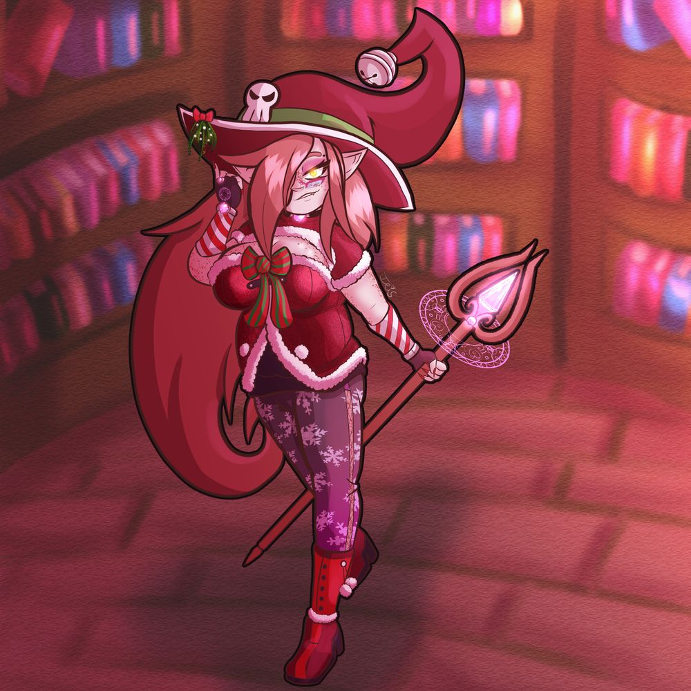 Iris, The witch. She has long, fluffy hair covering one eye with the other eye glowing yellow. Pointed ears, and a small fang and freckles all over her body. She is wearing a Red/white christmas themed witch hat with a silver bell on the end and a skull on a green band around it. As well she is wearing a red christmas shirt with her bust exposed over a black shirt. Fingerless gloves with her spell circle on the back starting black on the hands and candy cane on going up the forearm. Various jewelry with glowing purple gems. Snowflake leggings with a slit on the side that gives a slight view of purple underwear underneath. And finally red high heeled boots. She is standing with a glowing mage staff and a mistletoe on her hat pointing at the mistletoe with her fingers. She is in a library-like area with lots of bookshelves in the background lined with books.
