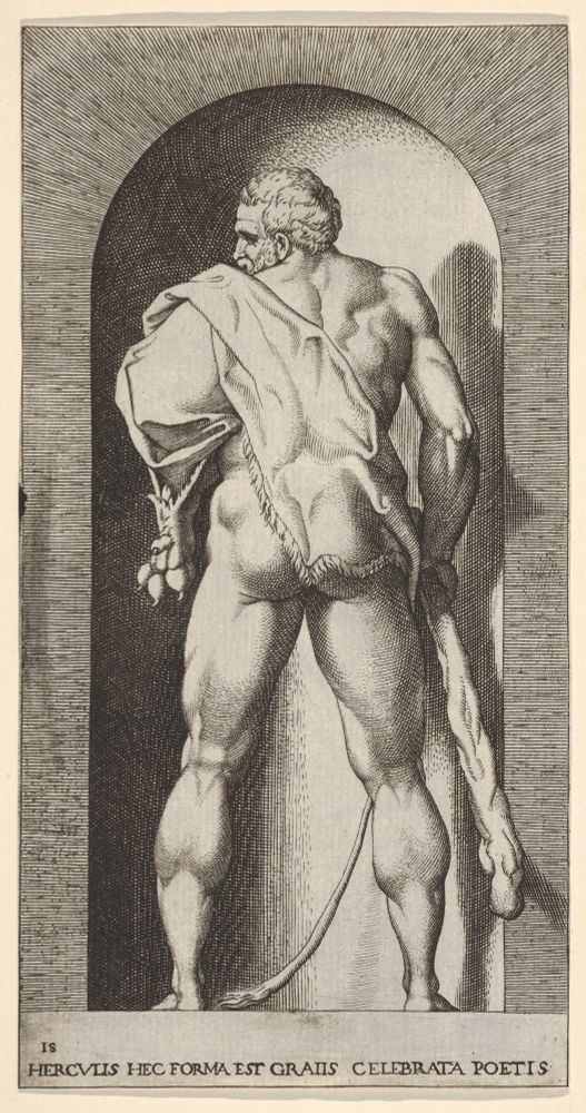 Plate 15- Hercules standing in a niche, wearing a lion skin and holding a club, viewed from behind, with his head turned to the left, from a series of mythological gods and goddesses by Giovanni Jacopo Caraglio