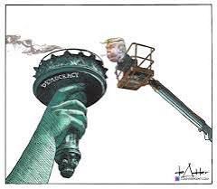 Political cartoon depicting Felon47 (aka Tre45on) in a crane basket blowing out the torch of The Statue of Liberty with the word, "Democracy" written underneath the torch.