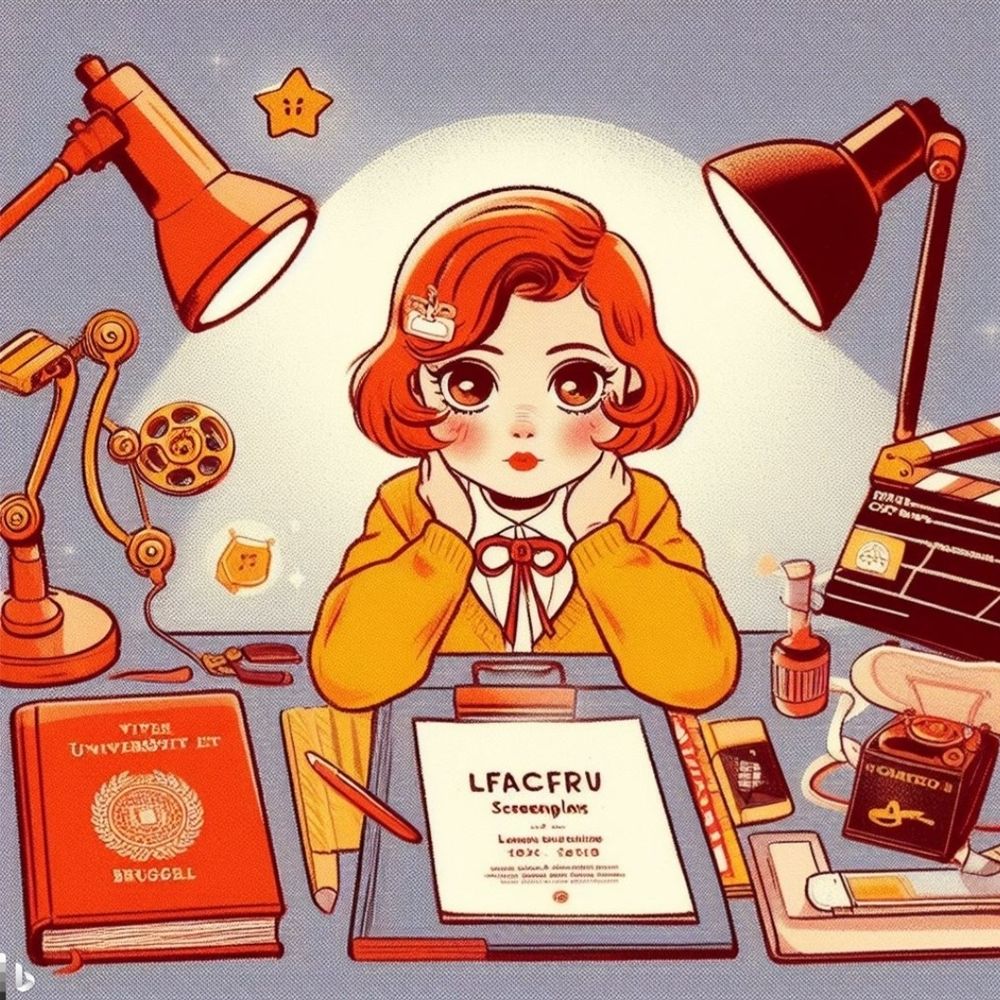 Girl at her desk, lit by two lamps. There are several books and artefacts, inclunding a paper entitled "LFACFRU"