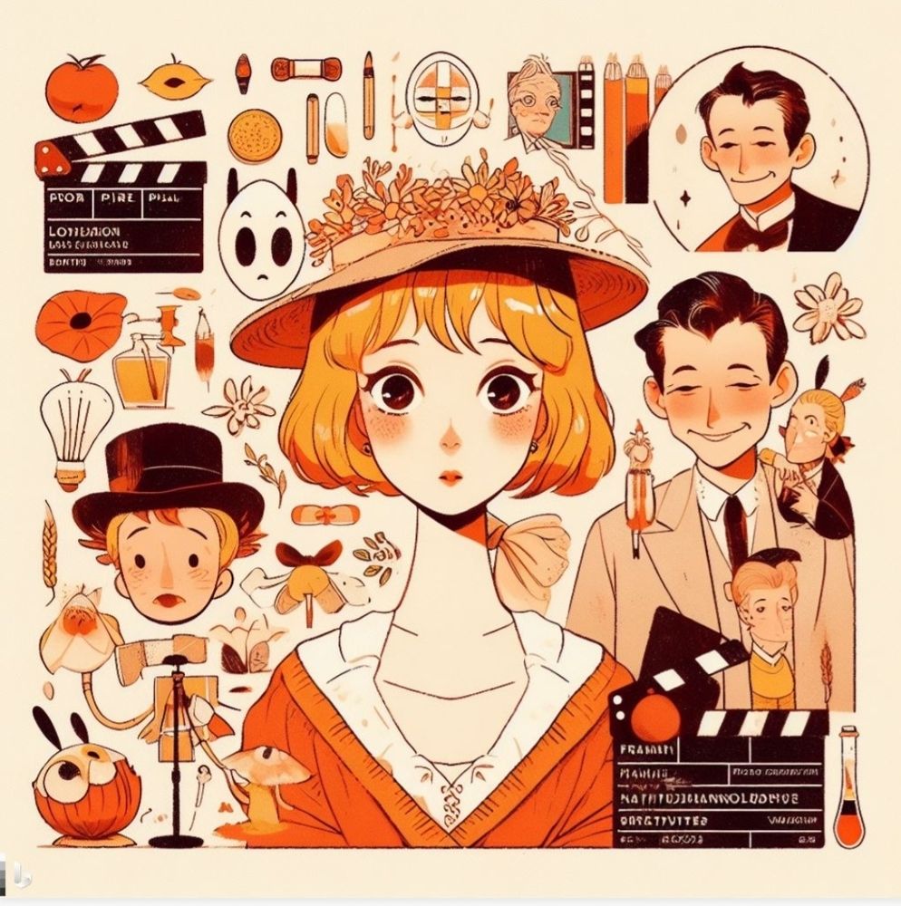 Girl with an orange hat with flowers on top
Various old school characters in the background, as well as flowers and cinema-related objects