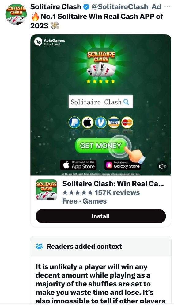 An ad for Solitaire Clash with community notes alerting that it’s most likely a scam.