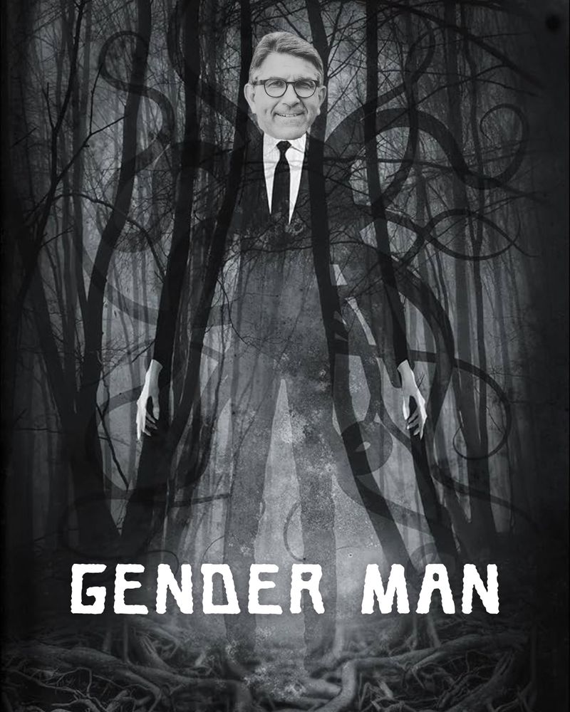 Gesicht von Wolfram Weimer in s/w auf den Slender Man, einer gesichtslosen, sehr großen und schlanken Figur in schwarzem Anzug, montiert. Dem Slender Man wachsen schwarze Tentakel aus dem Rücken und er steht in einem gruselig anmutenden Wald. Text unten „Gender Man“
