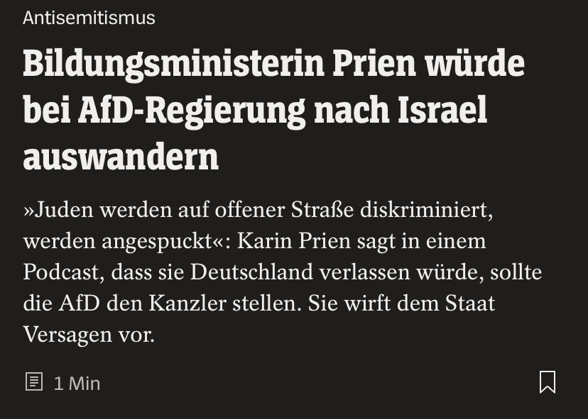 Antisemitismus
Bildungsministerin Prien würde bei AfD-Regierung nach Israel
auswandern
»Juden werden auf offener Straße diskriminiert, werden angespuckt«: Karin Prien sagt in einem Podcast, dass sie Deutschland verlassen würde, sollte die AfD den Kanzler stellen. Sie wirft dem Staat Versagen vor.