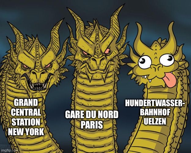 Threeheaded Dragon Meme, Drache 1: Grand Central Station New York, Drache 2: Gare du Nord, Drache 3: Hundertwasserbahnhof Uelzen