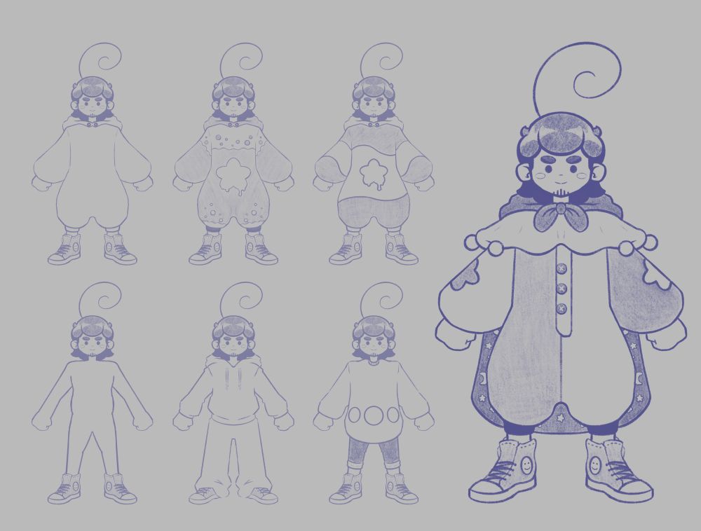 Many outfit design iteration sketches leading up to my current model, with the larger sketch on the far right being much closer to the final version. Many of these were base sketches meant to have more details layered on top of them.