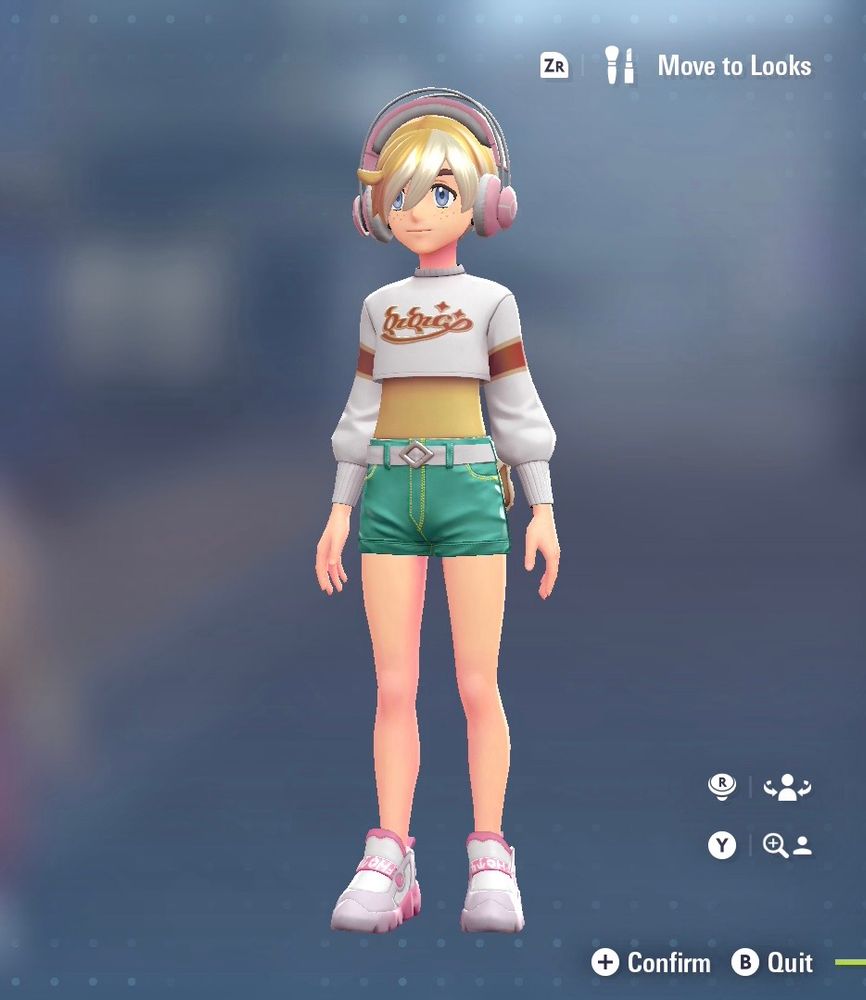 An image of a male Pokémon trainer with blonde hair wearing pastel pink headphones, a white crop-top shirt, very short green shorts, and pastel pink tennis shoes.