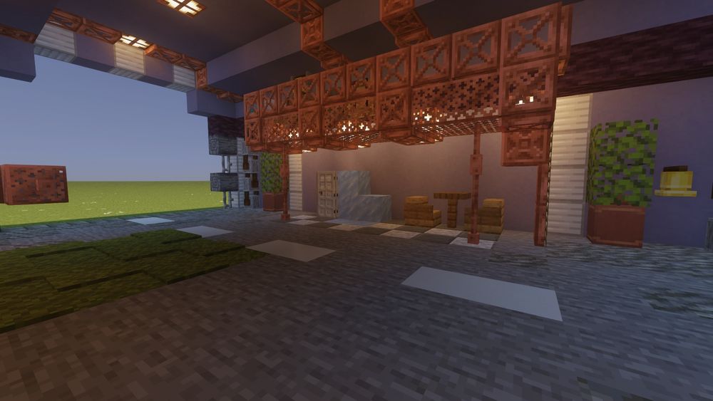 The second interior shot of the Happy Ghast Hangar. This one showing off the player quarters loft and an ice-themed mini-kitchen!