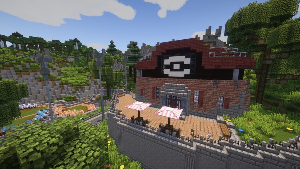 An early look at Cobbledale! A Cobblemon SMP based around a small Pokémon town I’ve been working on!

This image shows a custom-built Pokémon Center perched on a hill overlooking the neighborhood from the previous image!