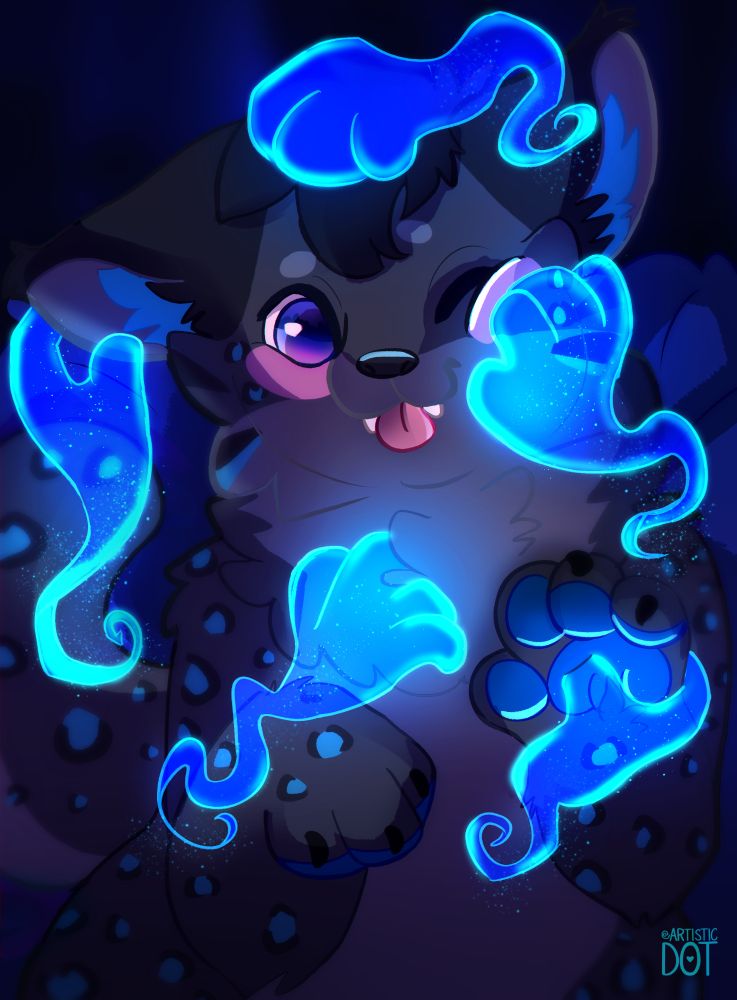Anthro feline getting petted by a bunch of ghost hands.
