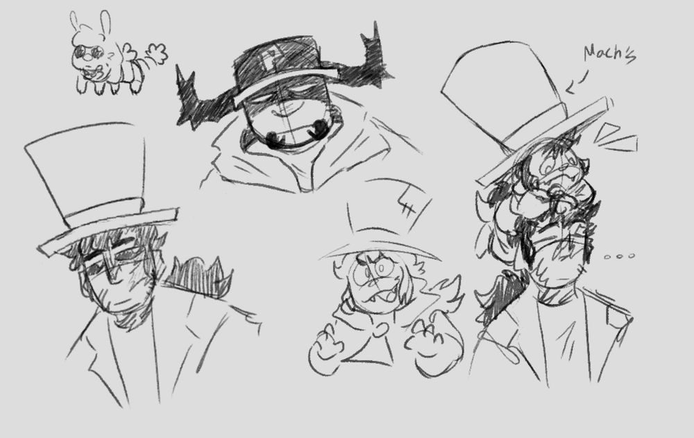 Multiple sketches of different characters. To the left is a sketch of Mach from Regretevator. On top is a small doodle of Pilby as a TBH creature. Next to Pilby is a sketch of Pest. And below that are two more doodles. One is Hat Kid. The other is Hat Kid laying on top of Mach's head, wearing the taller's hat.