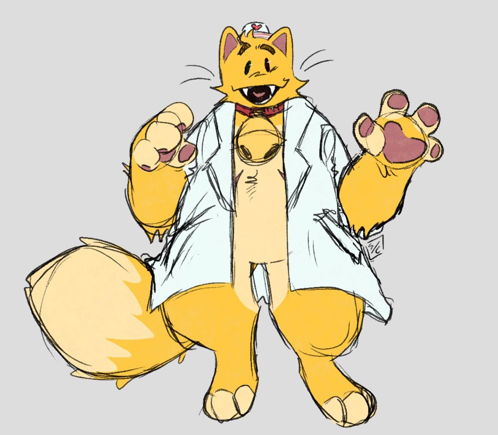 drRETRO from Regretevator. A personalized design. She stands on two digitigrade legs. Around her neck is a red collar with a bell on it. She is wearing a large doctor's coat, as well as a little hat with a heart on it. Underneath the coat, you can barely see scars from top surgery.