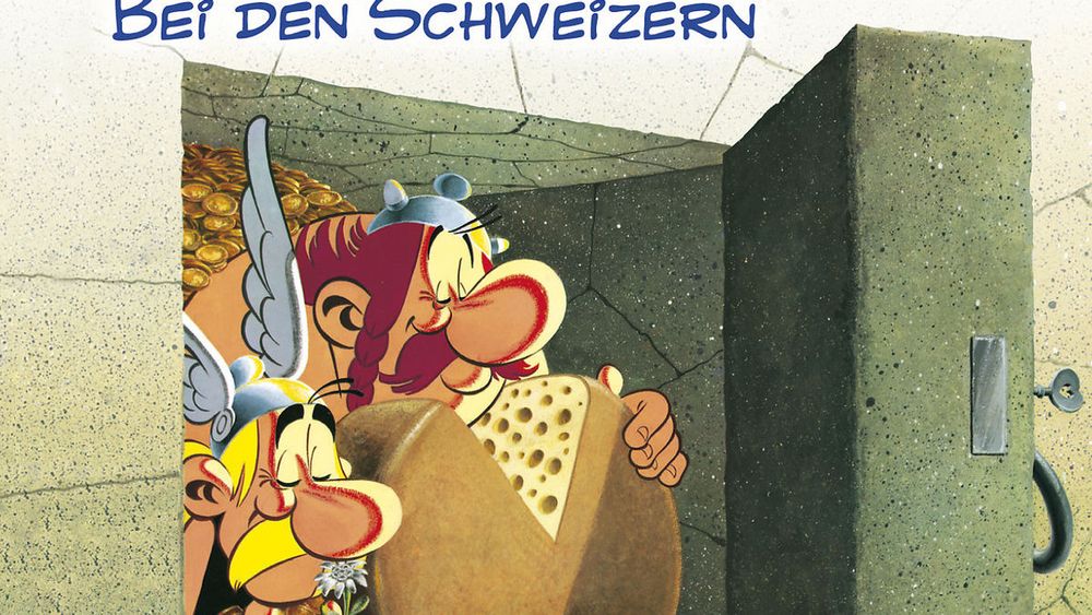 Asterix und Obelix sitzen in einem Schweizer Banksafe und essen schweizer Käse
