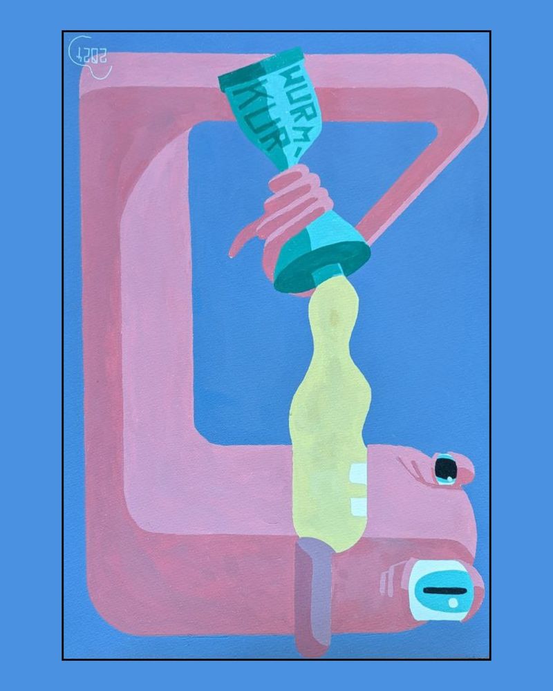 Illustration eines Wurmes der sich eine Tube Wurmkur in den Mund quetscht. Die Zunge des Wurmes hängt heraus und er hat geweitete Pupillen.